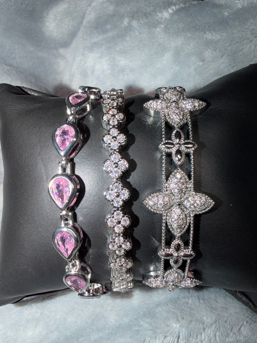 Elegant Pink Teardrop & Silver Crystal Bracelet Trio for Ahava💓